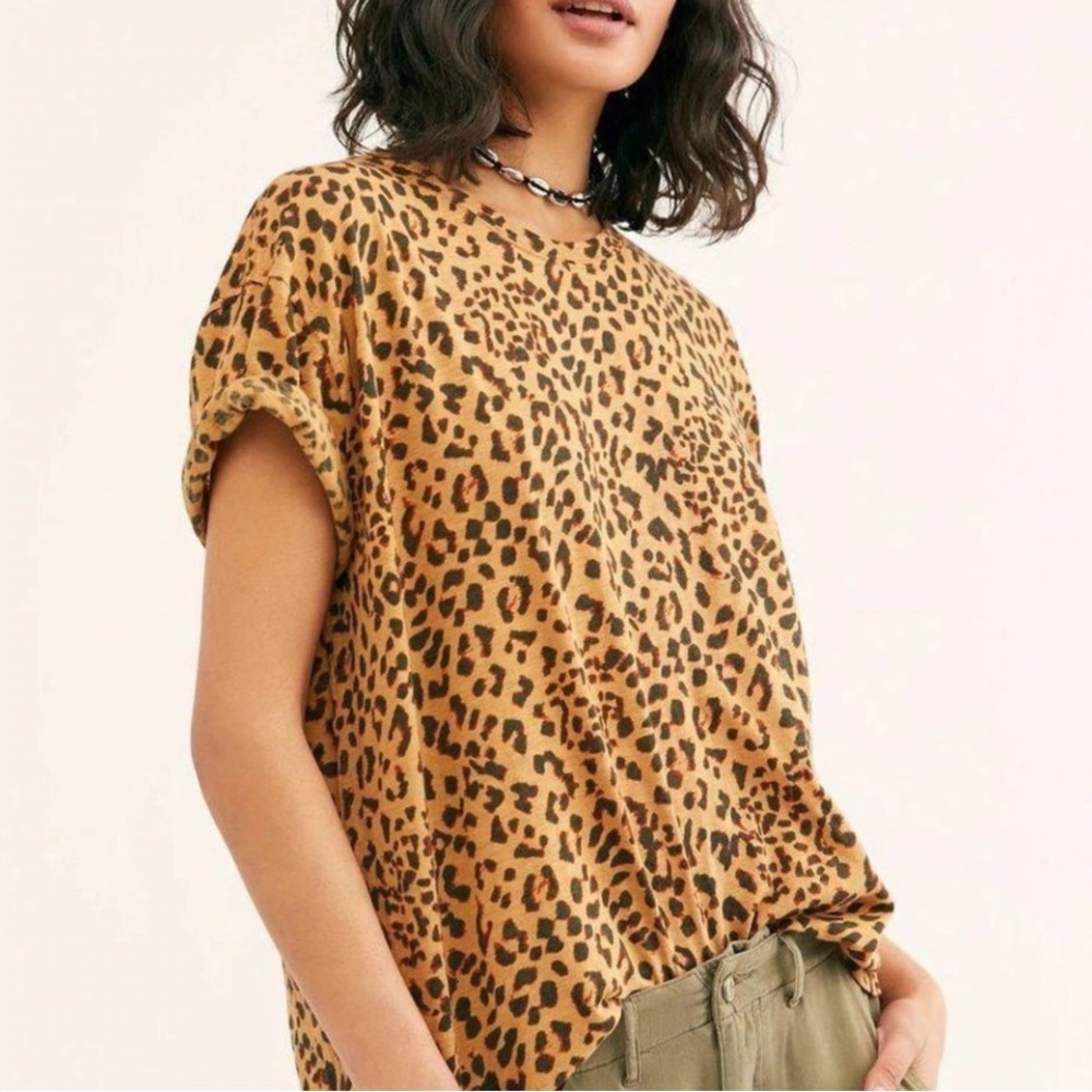 Free People We The Free Clarity Leopard Print Ringer Tee T-Shirt size S Small